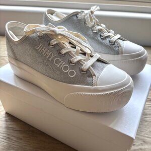 Jimmy Choo Palma Maxi Shimmer Low-Top Sneakers Silver/Latte Size 8.5/38.5